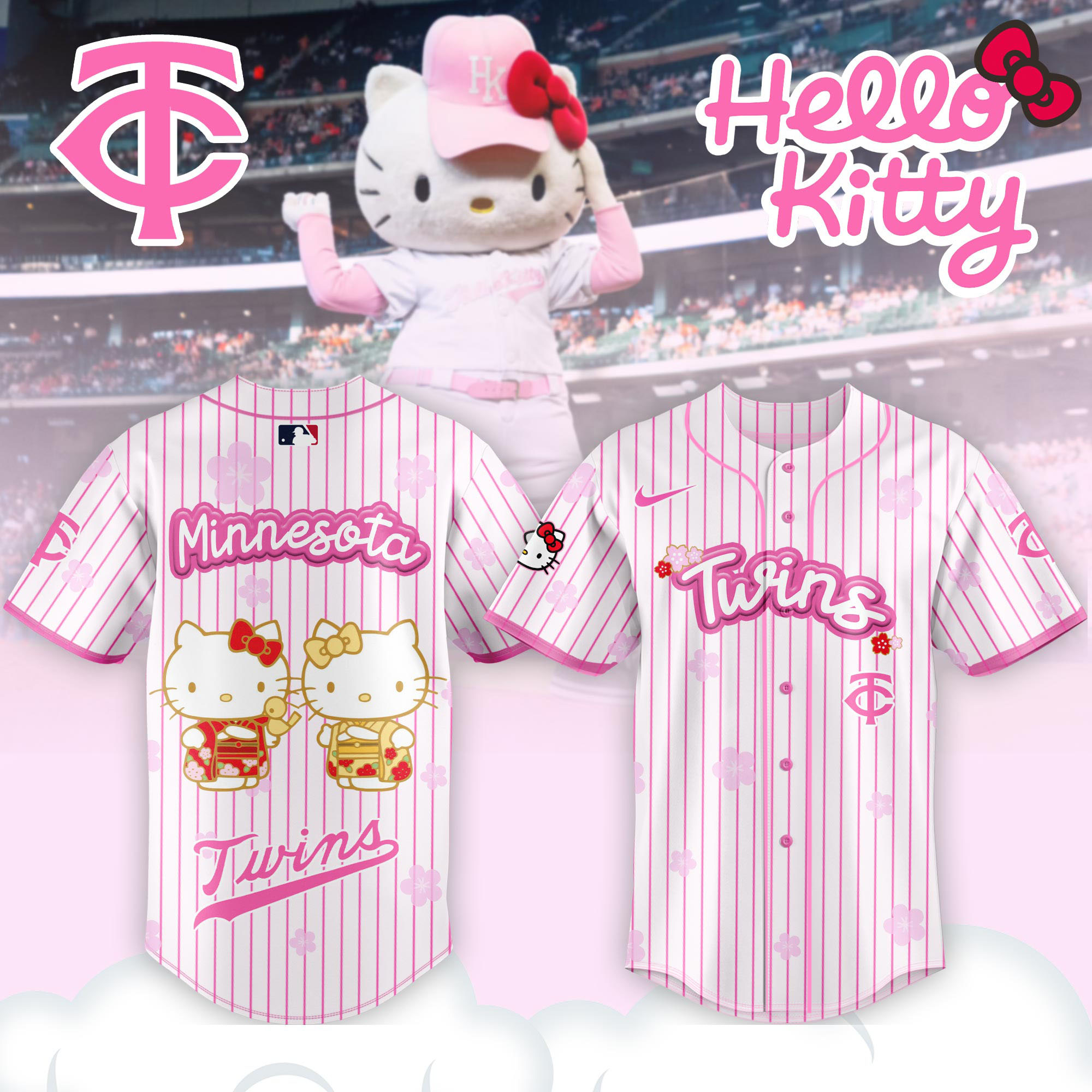 Alternative view of Minnesota Twins Hello Kitty Happy Girls Day Baseball Jersey and Hoodie Custom Name
