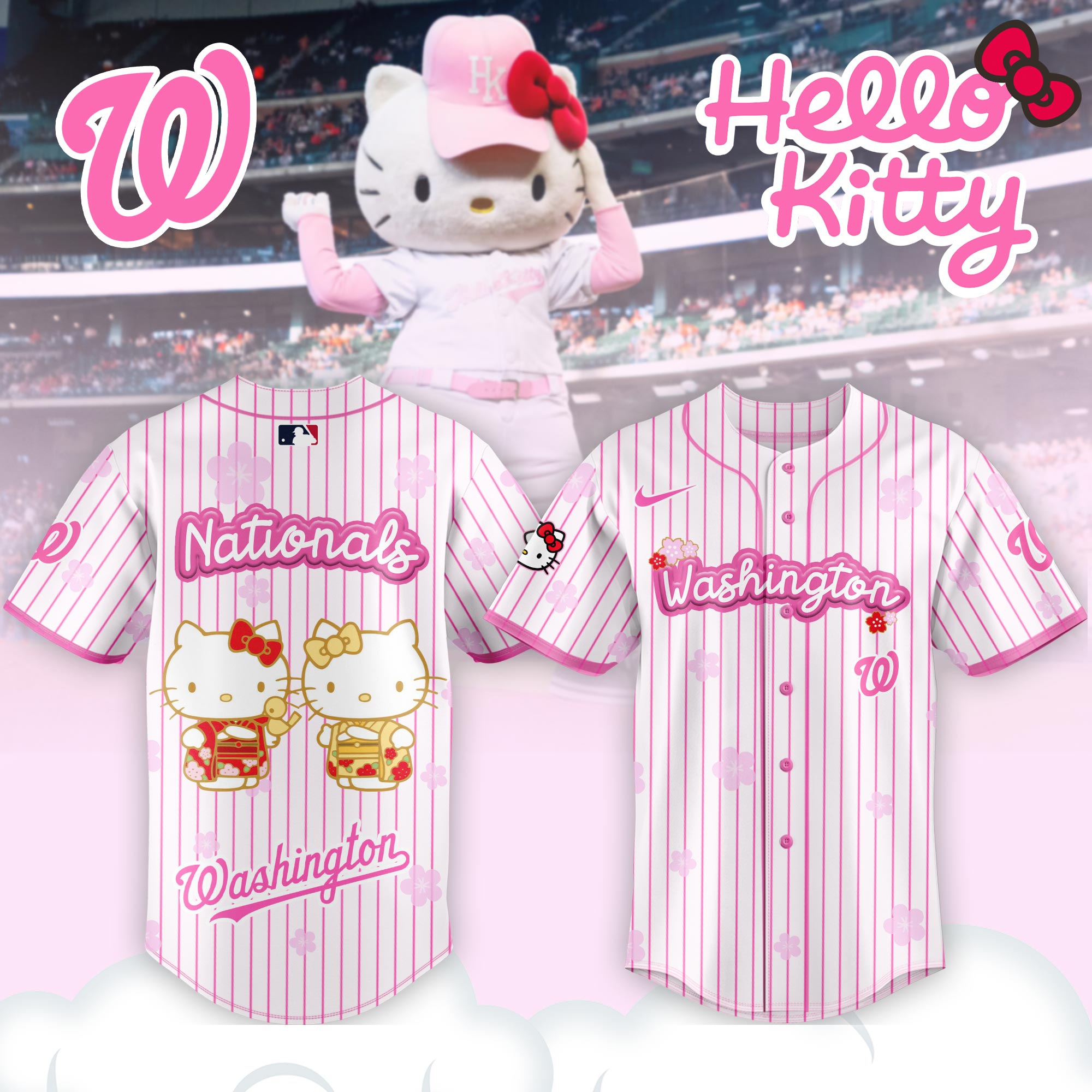 Alternative view of Washington Nationals Hello Kitty Happy Girls Day Baseball Jersey and Hoodie Custom Name