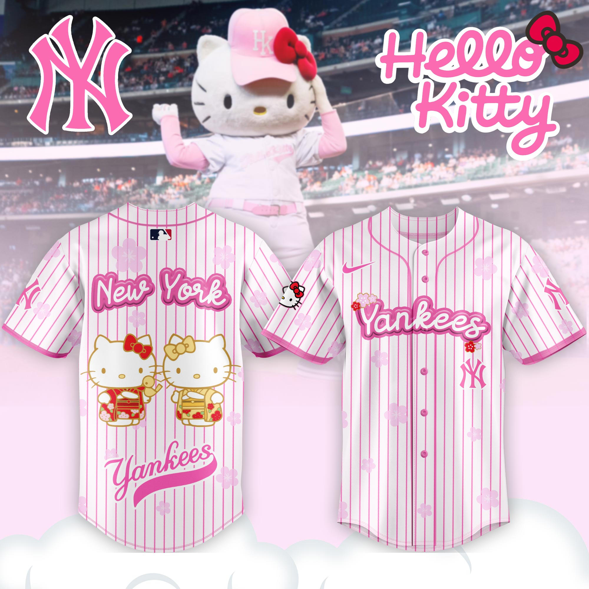Alternative view of New York Yankees Hello Kitty Happy Girls Day Baseball Jersey and Hoodie Custom Name