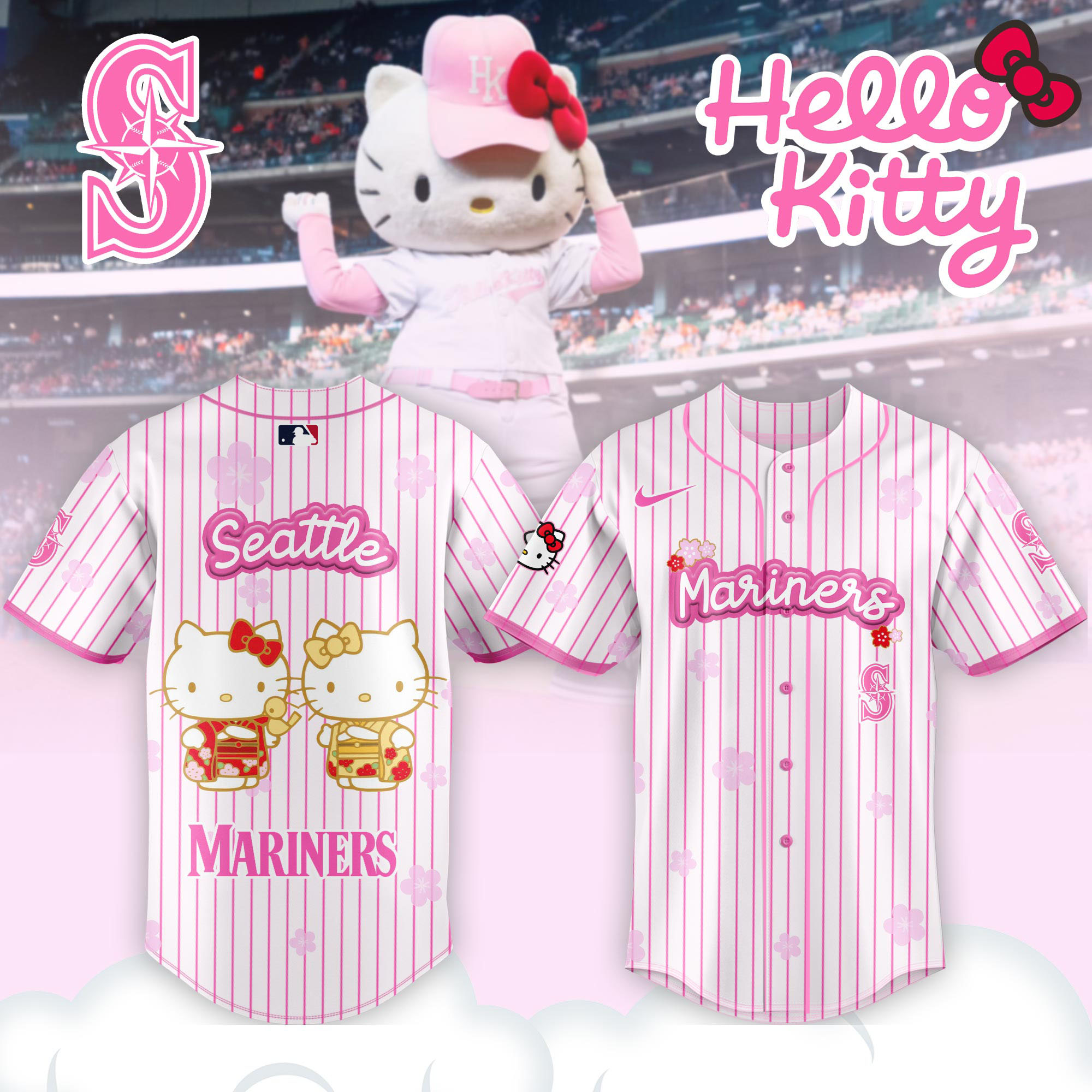 Alternative view of Seattle Mariners Hello Kitty Happy Girls Day Baseball Jersey and Hoodie Custom Name