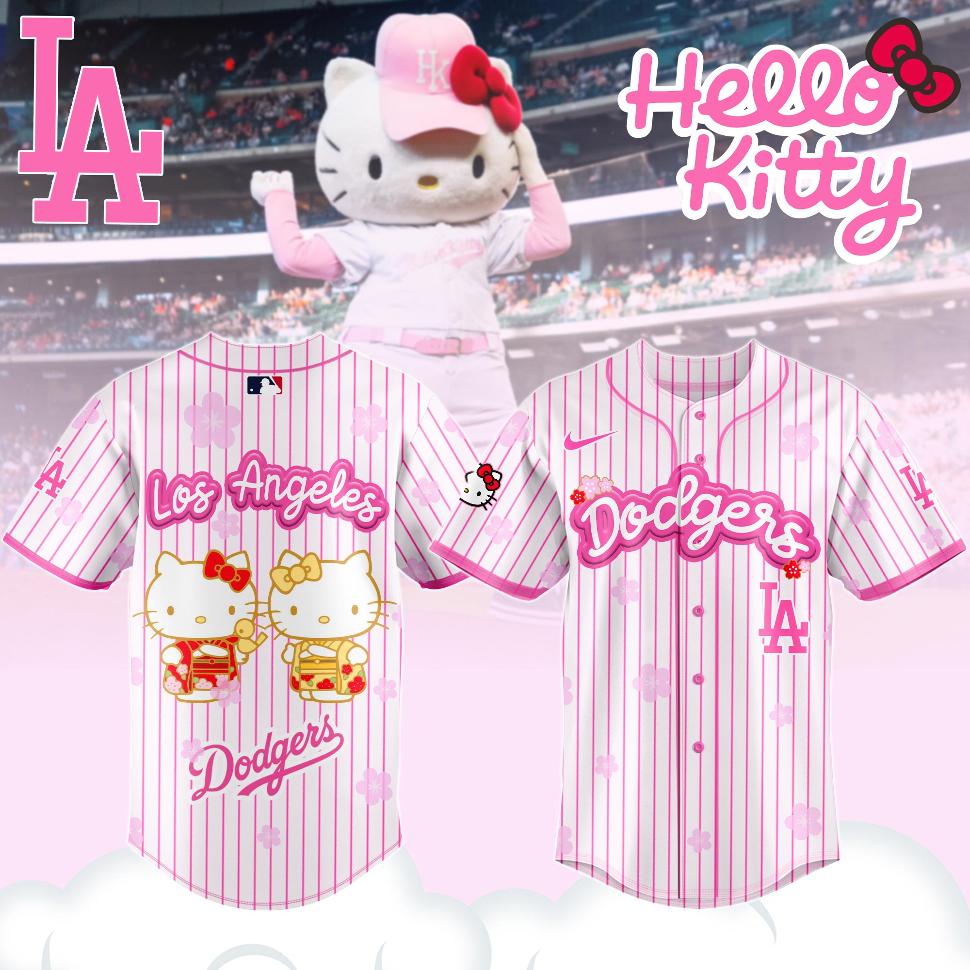Alternative view of Los Angeles Dodgers Hello Kitty Happy Girls Day Baseball Jersey and Hoodie Custom Name