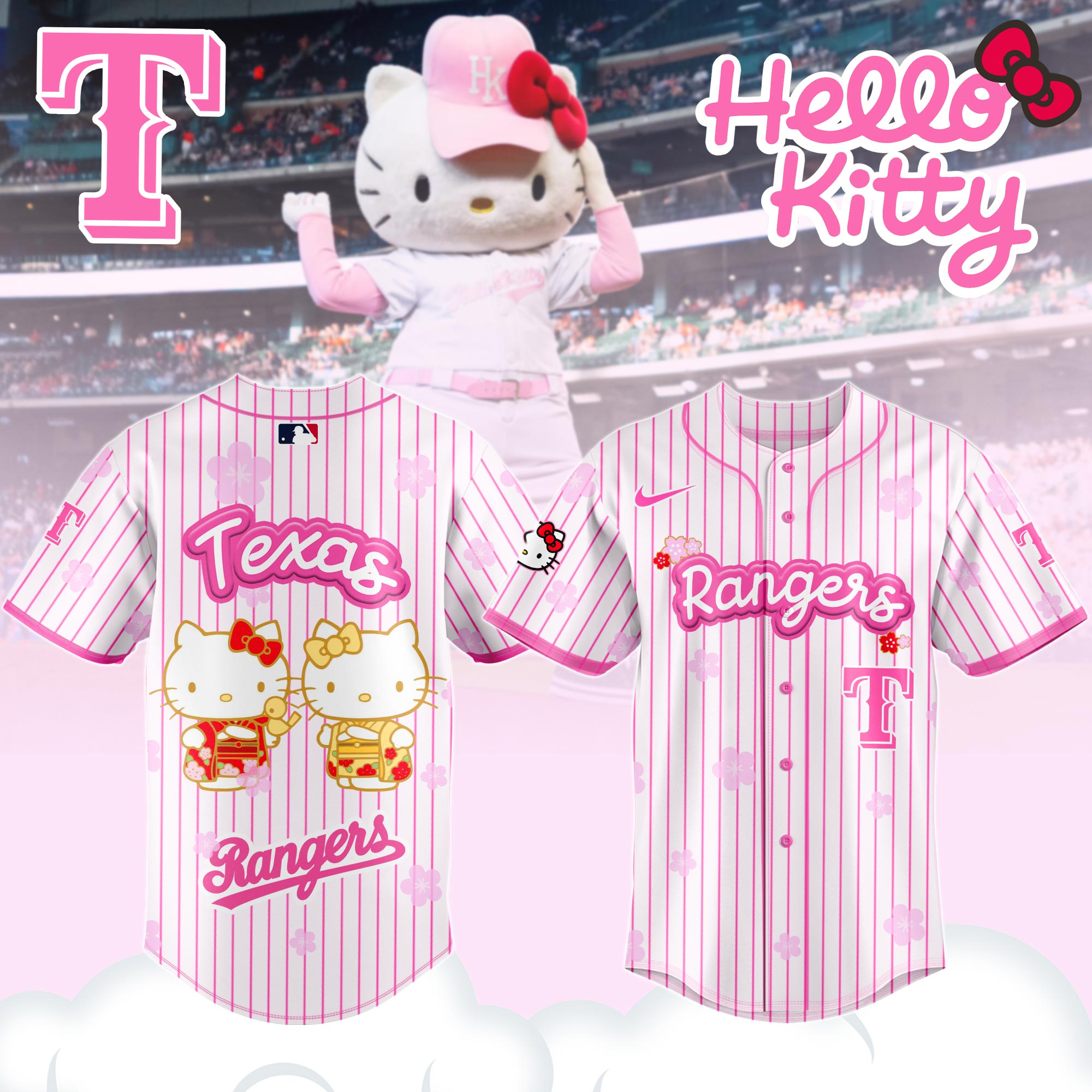 Alternative view of Texas Rangers Hello Kitty Happy Girls Day Baseball Jersey and Hoodie Custom Name