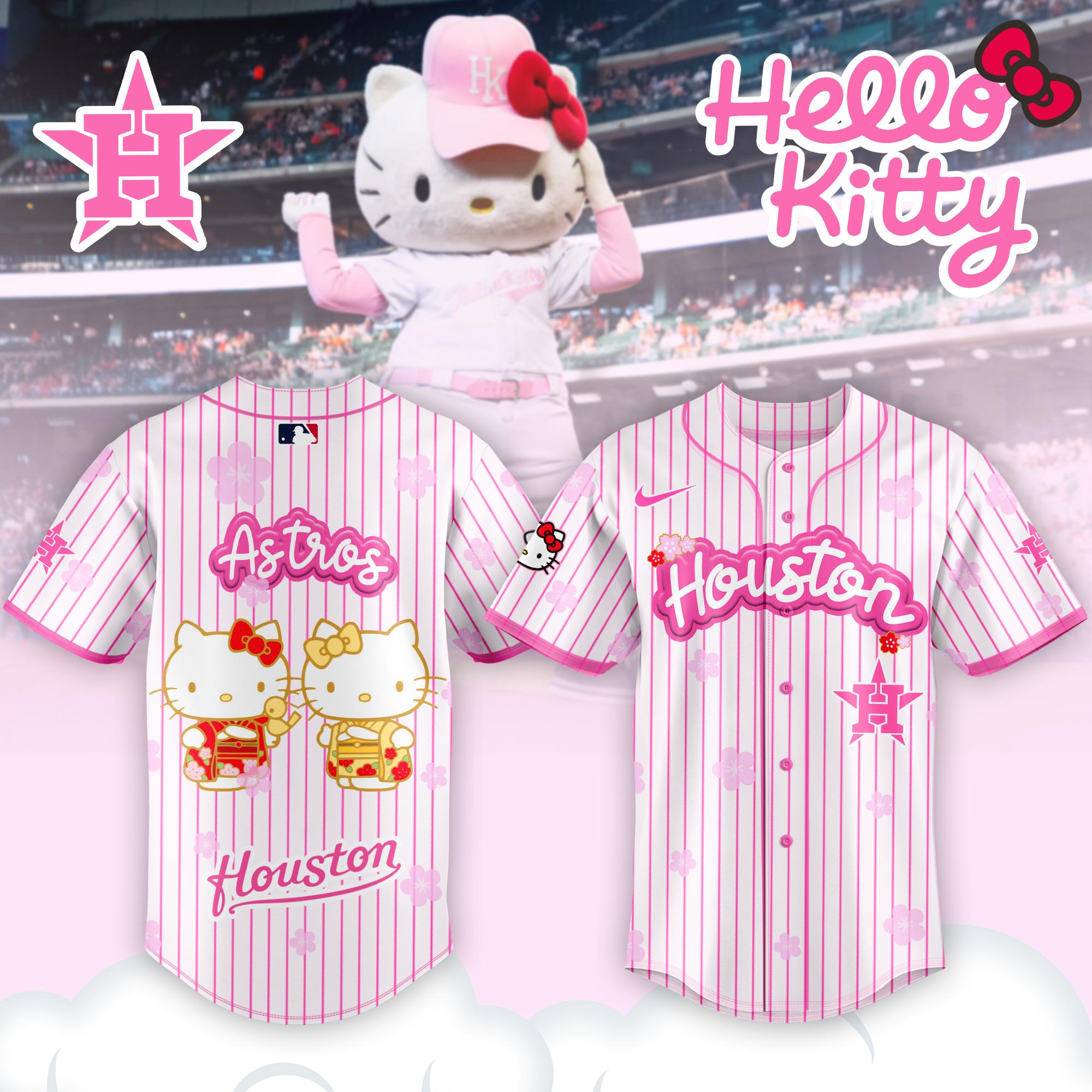Alternative view of Houston Astros Hello Kitty Happy Girls Day Baseball Jersey and Hoodie
