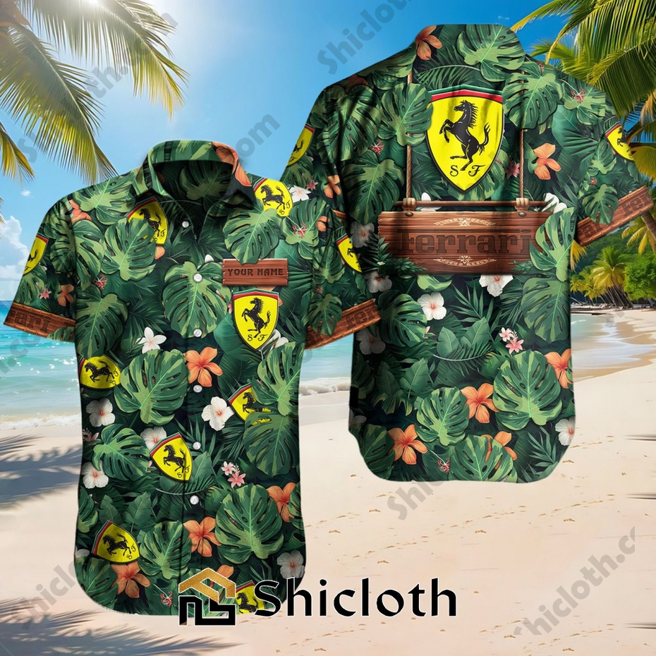 Custom Name Ferrari Tropical Floral Hawaiian Shirt