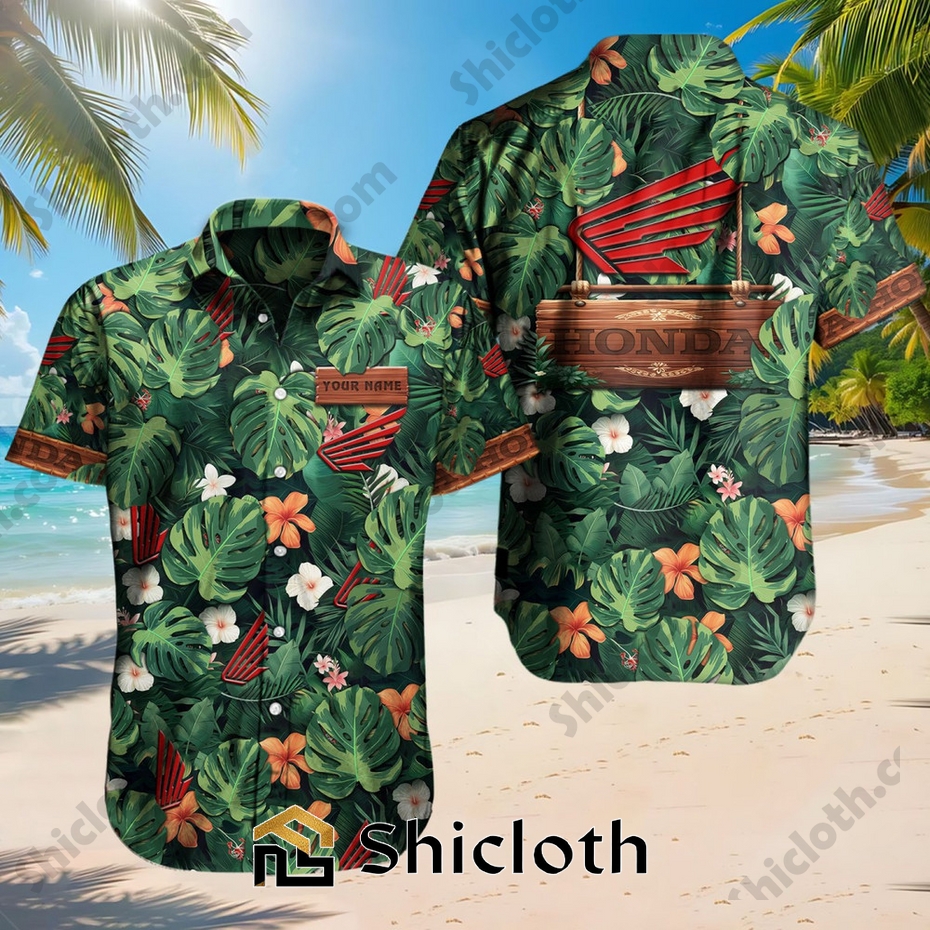 Custom Name Honda Motorcycle Tropical Floral Hawaiian Shirts For Men