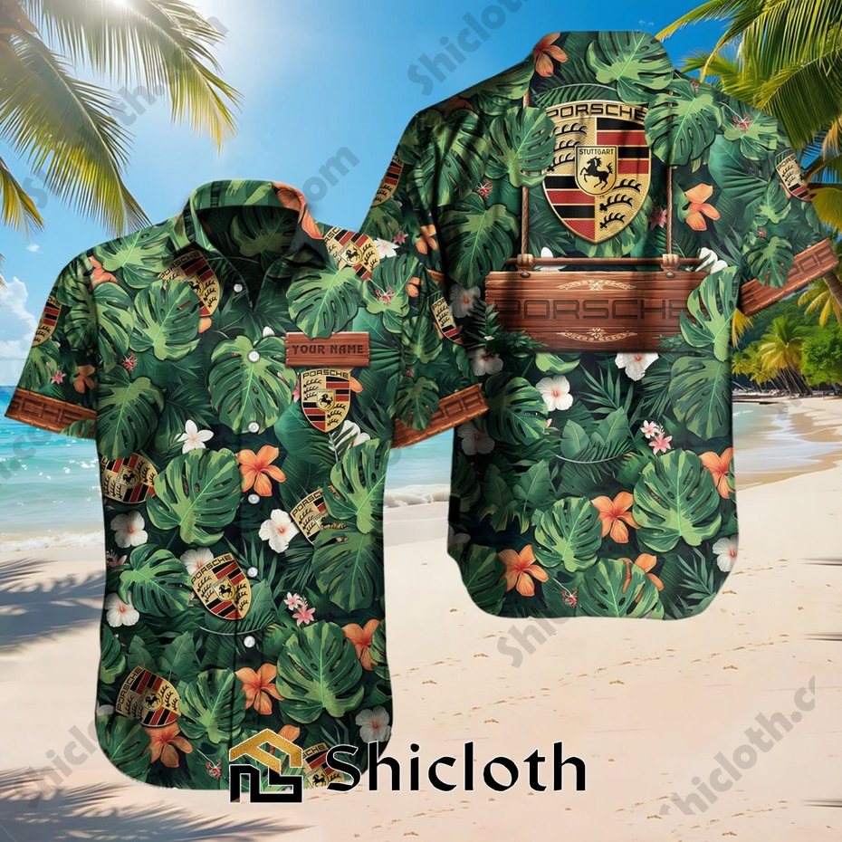 Custom Name Porsche Tropical Floral Hawaiian Aloha Shirt