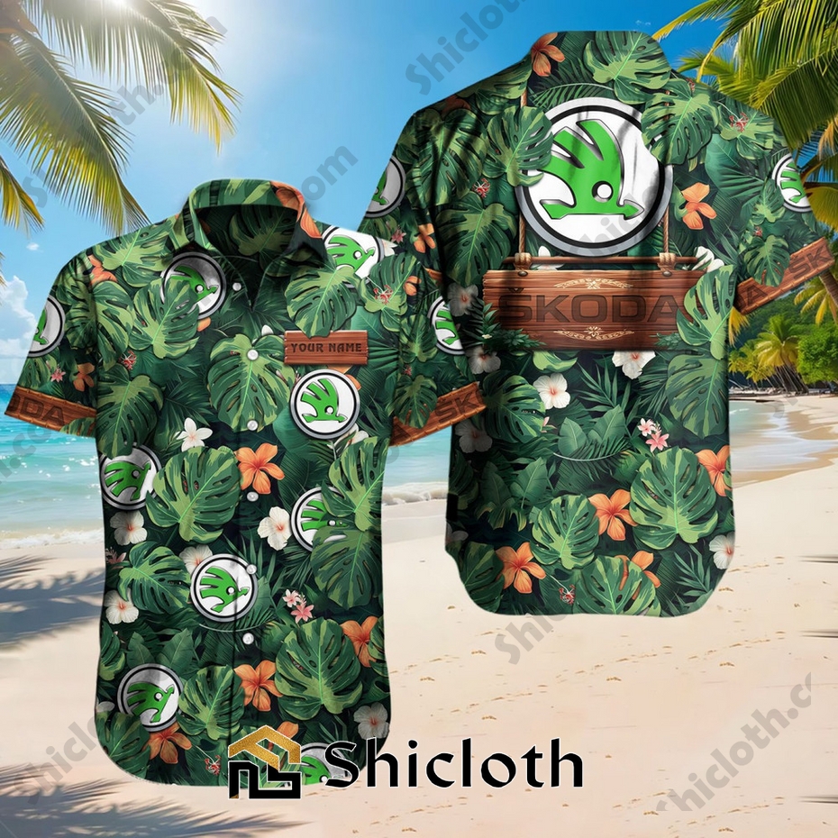 Custom Name Skoda Auto Tropical Floral Hawaiian Shirt
