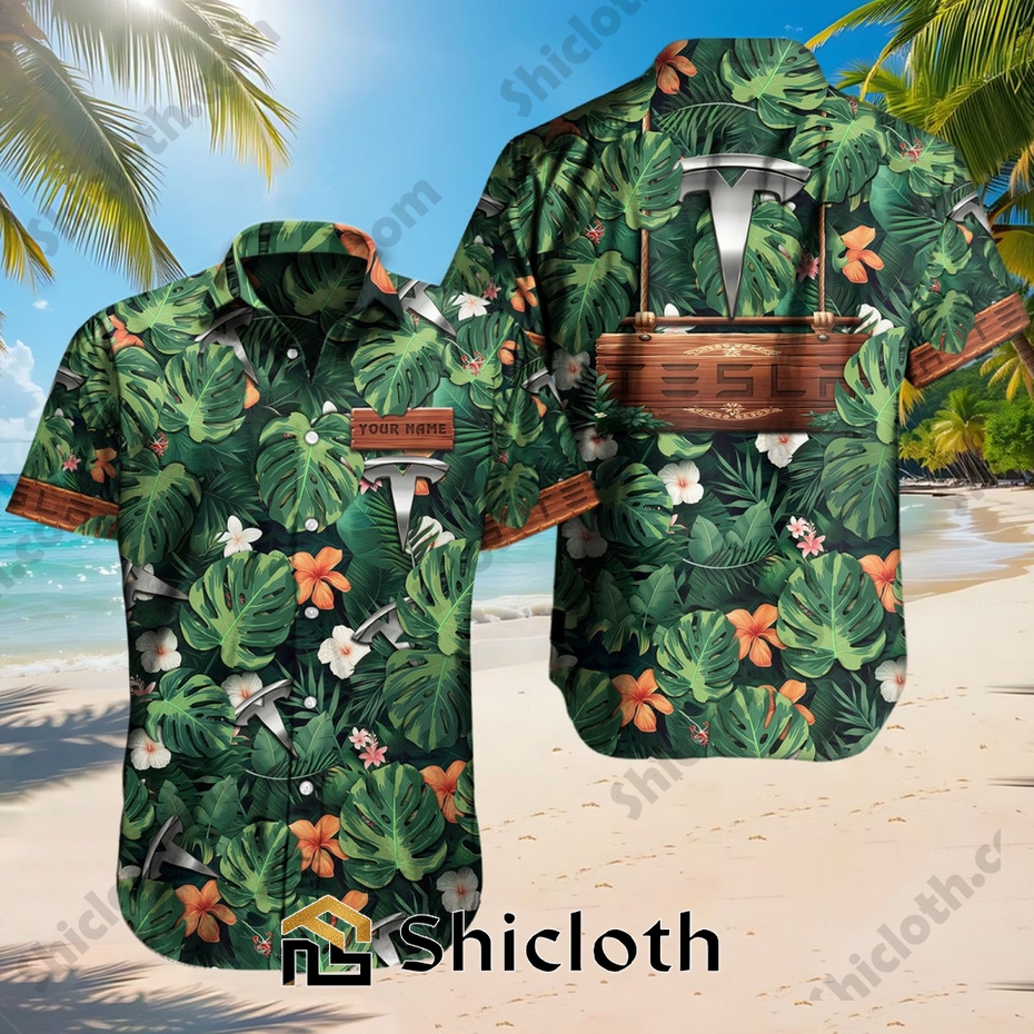 Custom Name Tesla Tropical Floral Hawaiian Shirt