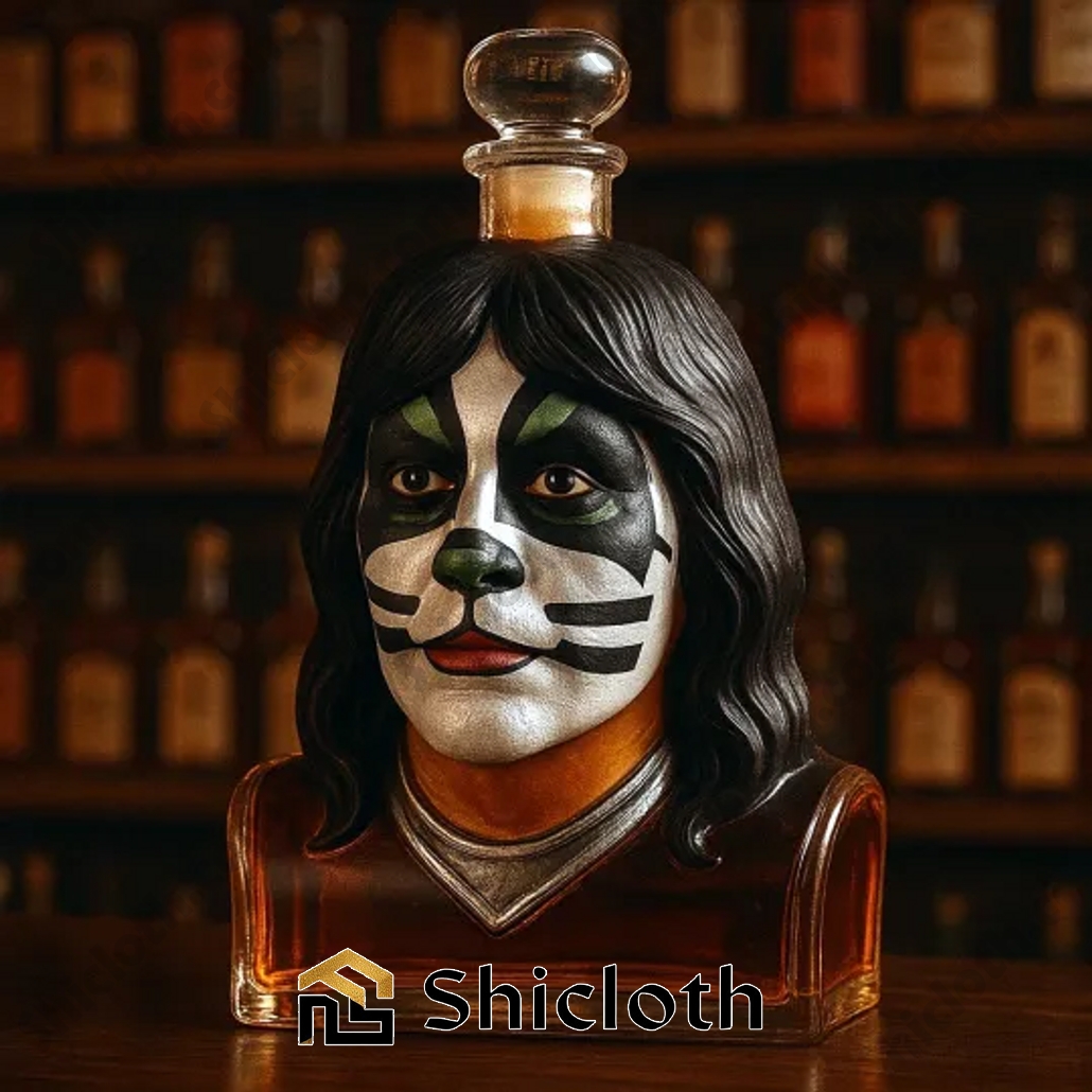 Spaceman Ace Frehley Kiss Band 50 Years of Rock Whiskey Bottle 4 Cat inspired KISS liquor decanter with detailed face paint design by Shicloth!
