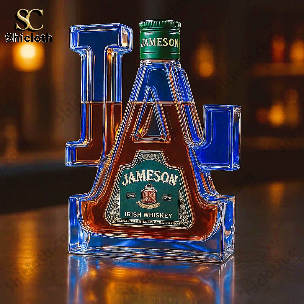 Los Angeles Dodgers Crown Royal Whiskey Bottle 12 The image shows a creatively designed bottle of Jameson Irish Whiskey in the shape of the letter "LA," likely referencing the Los Angeles Dodgers. It features a vibrant blue and clear design with a prominent green Jameson cap.