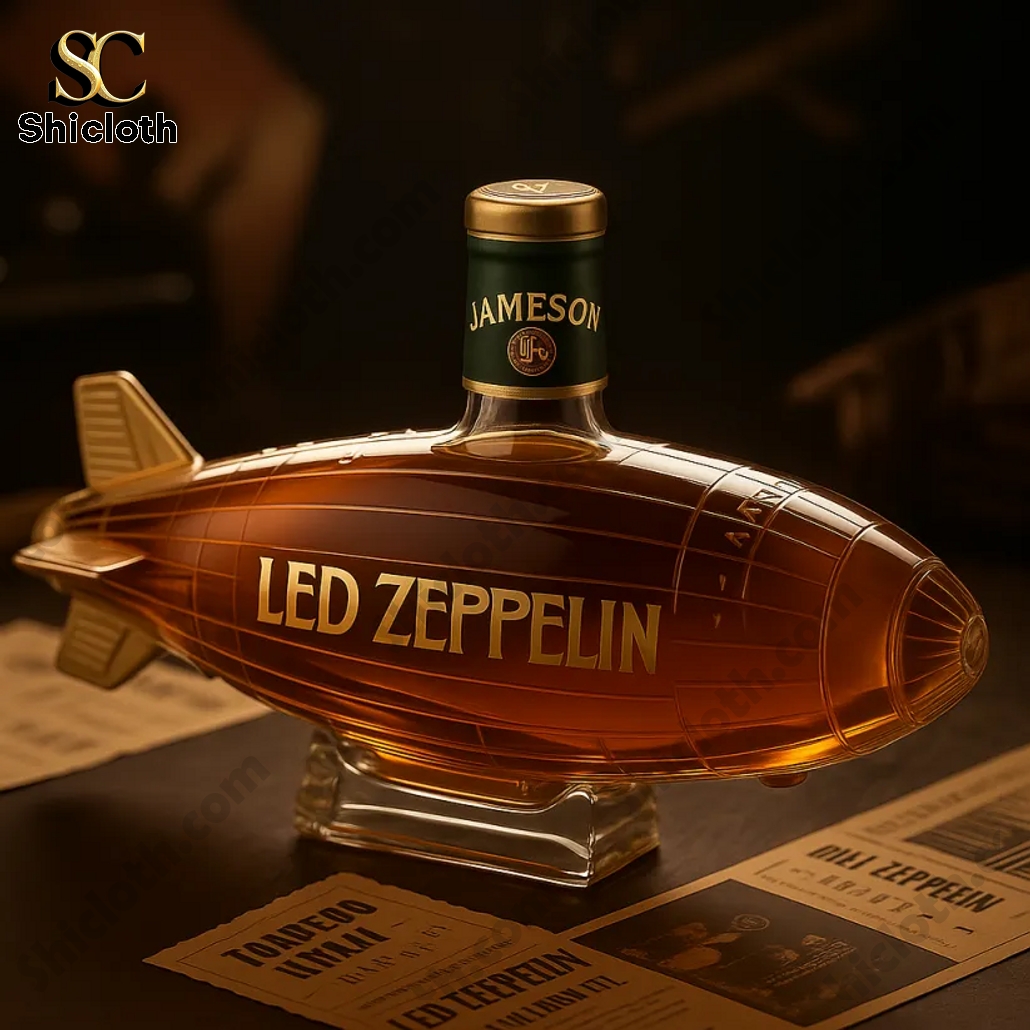NEW Led Zeppelin Whiskey Bottle 8 Zeppelin-shaped whiskey bottle labeled Led Zeppelin.