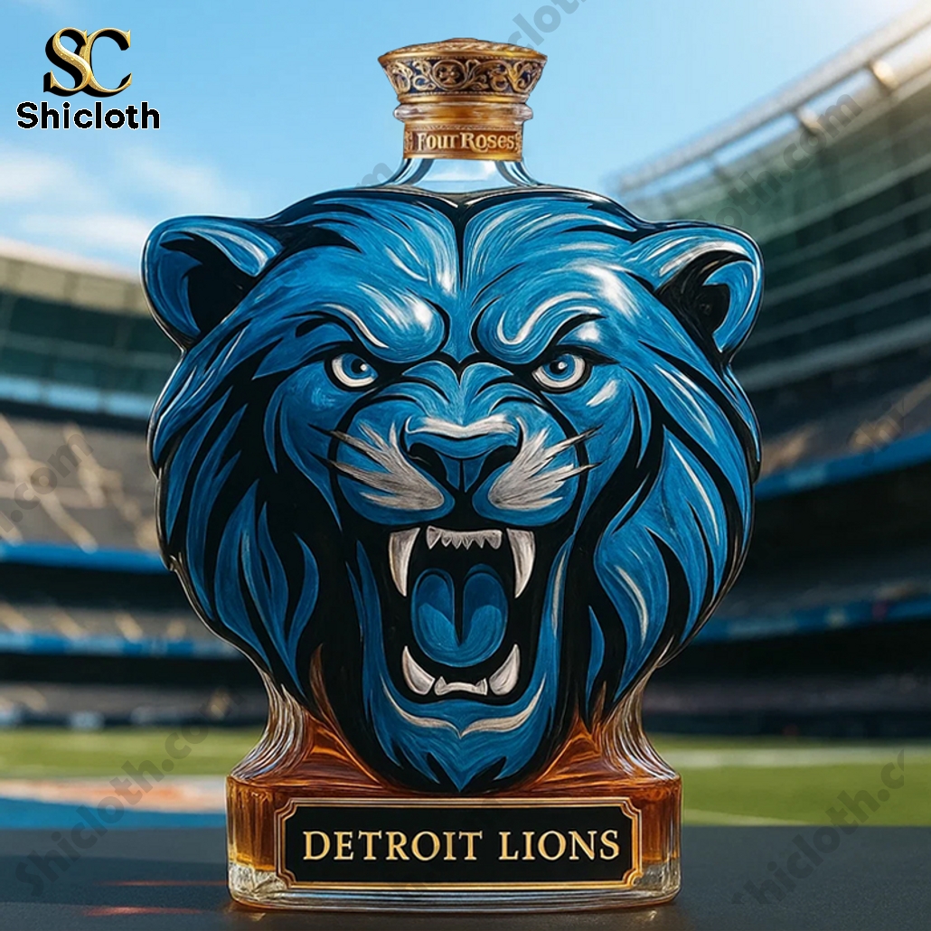Detroit Lions Lion Head NFL Whiskey Bottle 8 Detroit Lions Lion Head NFL Four Roses Whiskey Bottle