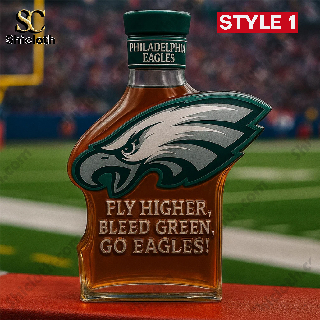 Philadelphia Eagles Fly Higher, Bleed Green, Go Eagles Whiskey Bottle