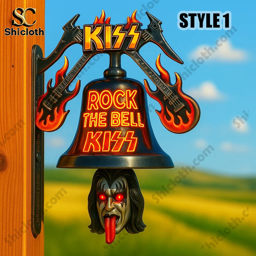 Wall bell featuring KISS logo with flaming guitars and a rock-themed design!