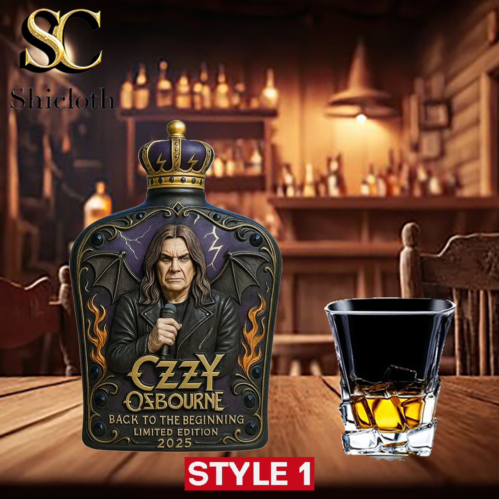 Ozzy Osbourne 2025 whiskey bottle with bat wings, lightning, and crown cap in gothic bar setting.