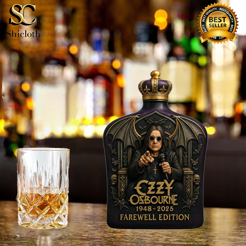 Ozzy Osbourne Farewell Edition Whiskey Bottle 10 Ozzy Osbourne Farewell Edition bottle with Crown Royal-style cap on a bar counter.