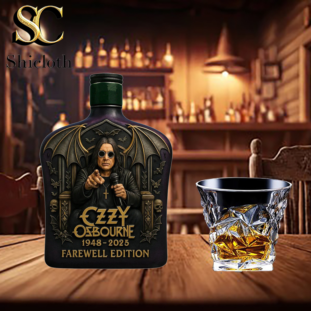 Ozzy Osbourne Farewell Edition Whiskey Bottle 11 Ozzy Osbourne Farewell Edition bottle with green Jameson-style cap on wooden table.