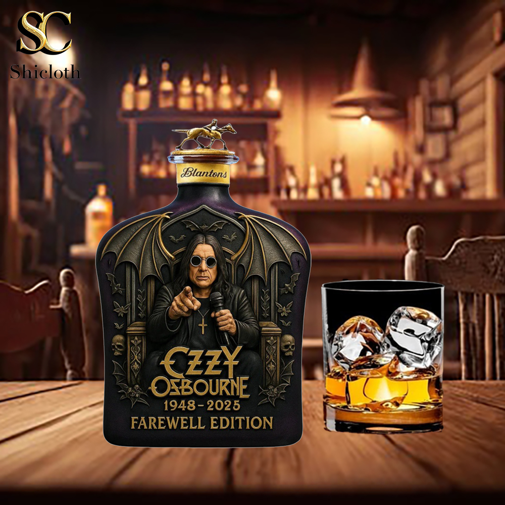 Ozzy Osbourne Farewell Edition Whiskey Bottle 12 Ozzy Osbourne Farewell Edition bottle with Blanton’s horse cap next to a whiskey glass.
