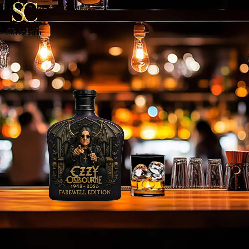 Ozzy Osbourne Farewell Edition Whiskey Bottle 14 Ozzy Osbourne Farewell Edition bottle with black Jack Daniel’s-style cap on a bar counter.