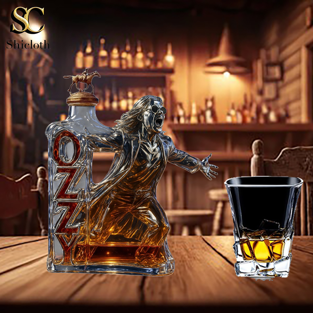 Sculpted Ozzy Osbourne bottle with Blanton’s horse cap in wooden bar setting. 