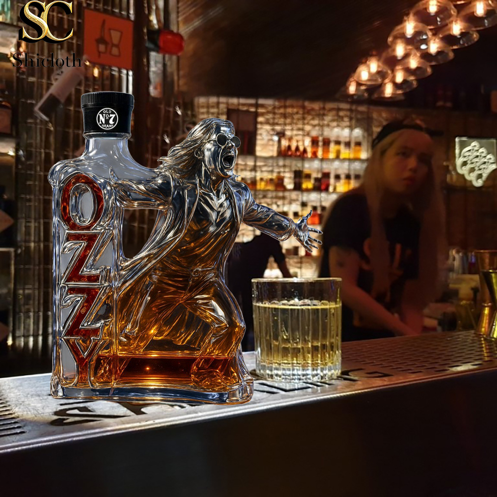 Ozzy Osbourne sculpted whiskey bottle with Jack Daniel’s-style black cap. 
