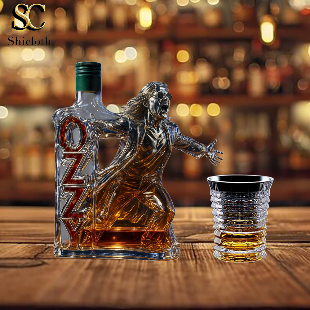 Sculpted Ozzy Osbourne bottle with green Jameson-style cap on wooden bar. 