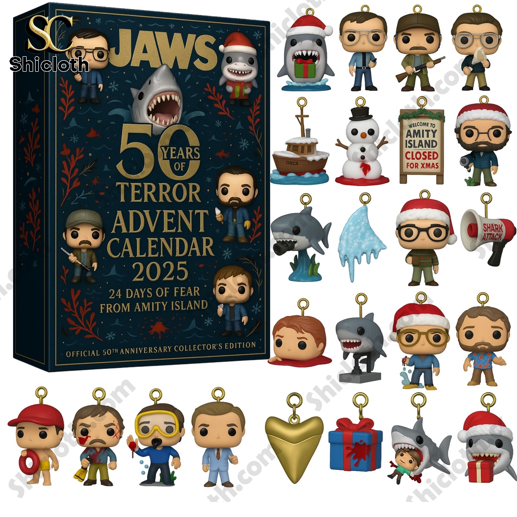 Jaws advent calendar box with 24 collectible character ornaments displayed around it!