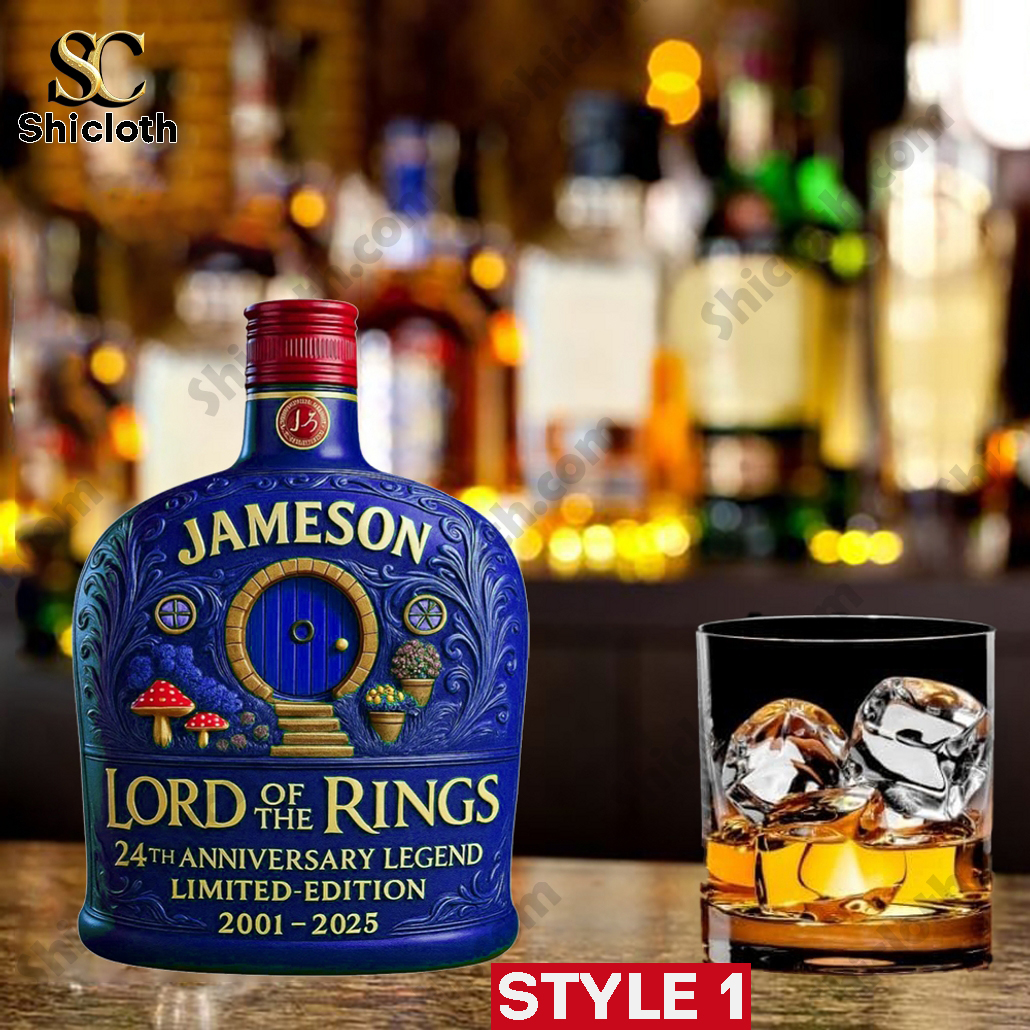 Jameson whiskey bottle with a *Lord of the Rings* theme in blue, featuring a Hobbit door design.