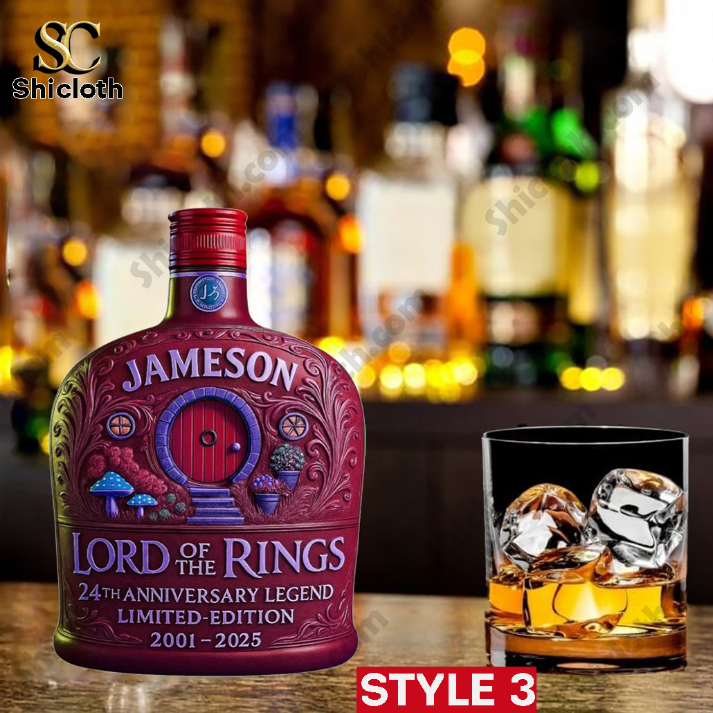 Lord of the Rings 24th Anniversary Limited Edition Whiskey Bottle 3 Jameson whiskey bottle in red with *Lord of the Rings* themed design and Hobbit door.