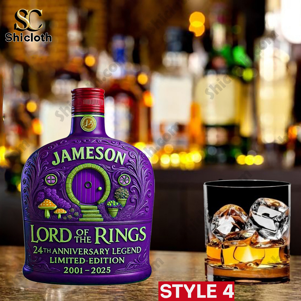 Lord of the Rings 24th Anniversary Limited Edition Whiskey Bottle 4 Jameson whiskey bottle in purple with *Lord of the Rings* themed design featuring a Hobbit door.