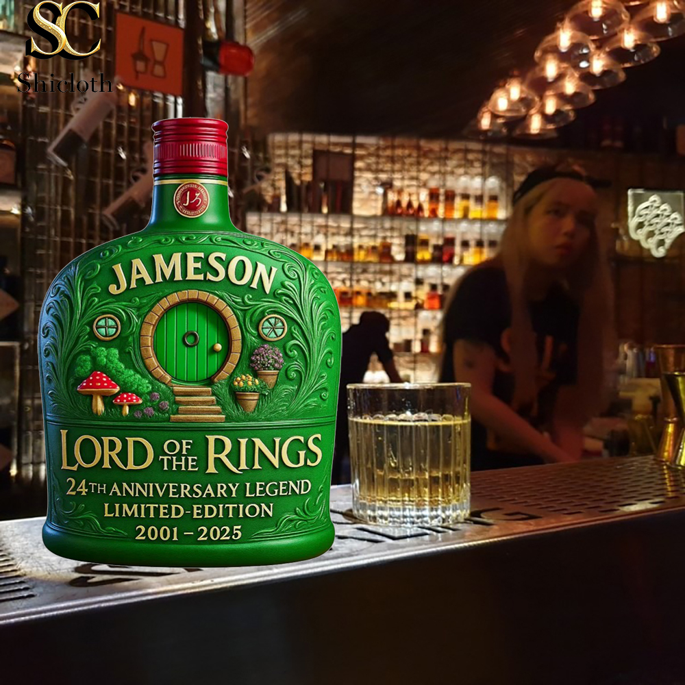 Best Price Jameson Lord of the Rings Whiskey Bottle 24 Green Jameson whiskey bottle with Hobbiton door and Lord of the Rings anniversary design on bar counter.