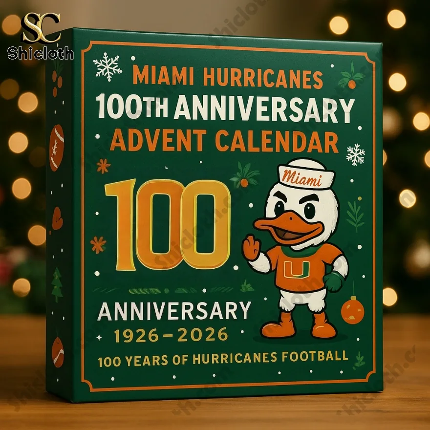Miami Hurricanes 100th Anniversary Advent Calendar featuring the team's mascot and the number 100 on a green background.