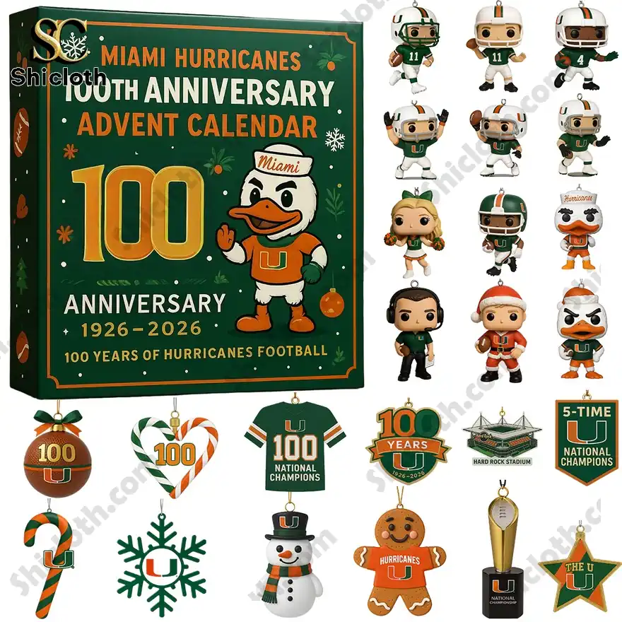 Miami Hurricanes 100th Anniversary Advent Calendar with various collectible items including figures, ornaments, and decorations.
