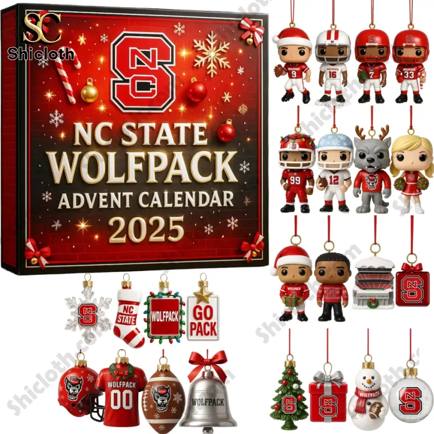 NC State Wolfpack Advent Calendar with 2025 date and football-themed ornaments.