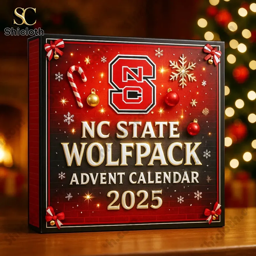NC State Wolfpack Advent Calendar for 2025 with festive design and a background of Christmas tree lights.
