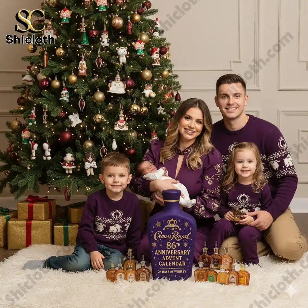 Family sitting by Christmas tree with Crown Royal advent calendar!