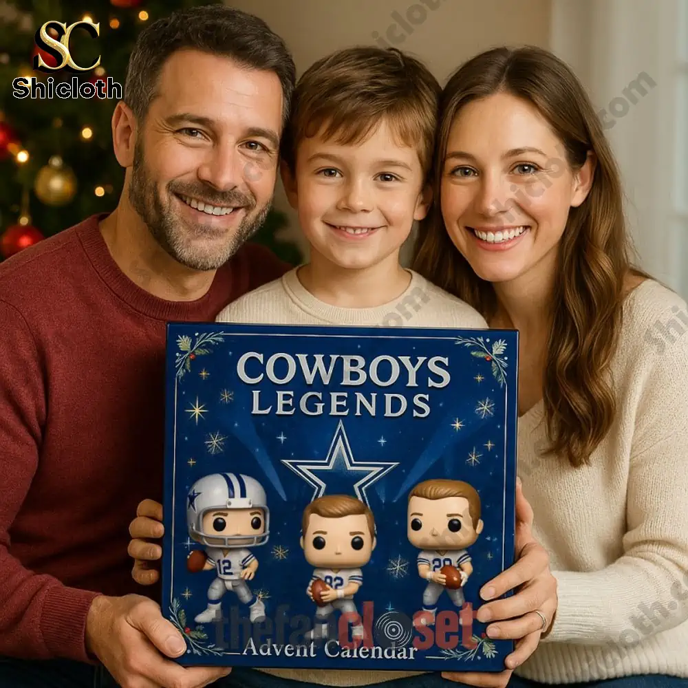 Family holding Cowboys Legends Advent Calendar box in front of a Christmas tree!