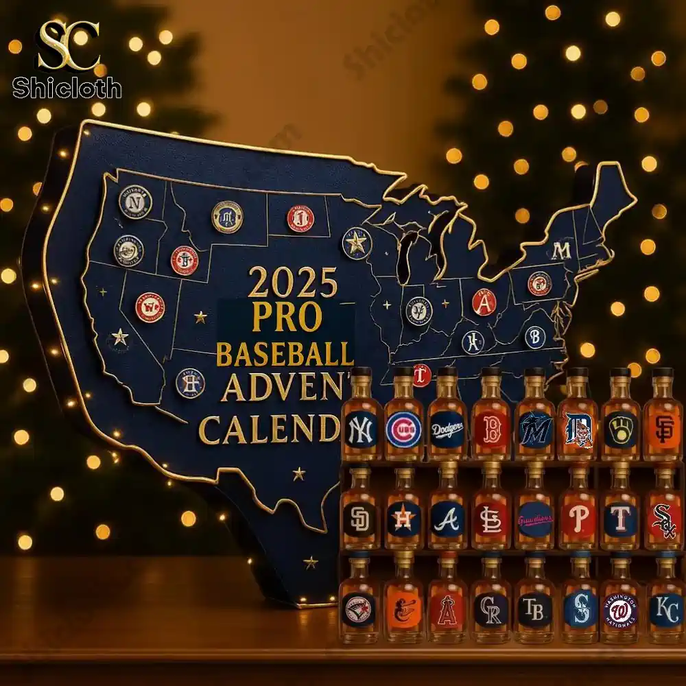 2025 Pro Baseball Advent Calendar featuring a U.S. map with baseball team logos and small bottles below.