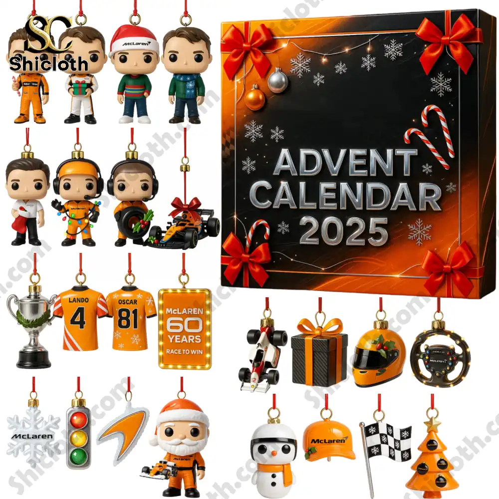 McLaren Advent Calendar 2025 with collectible racing figures and ornaments.