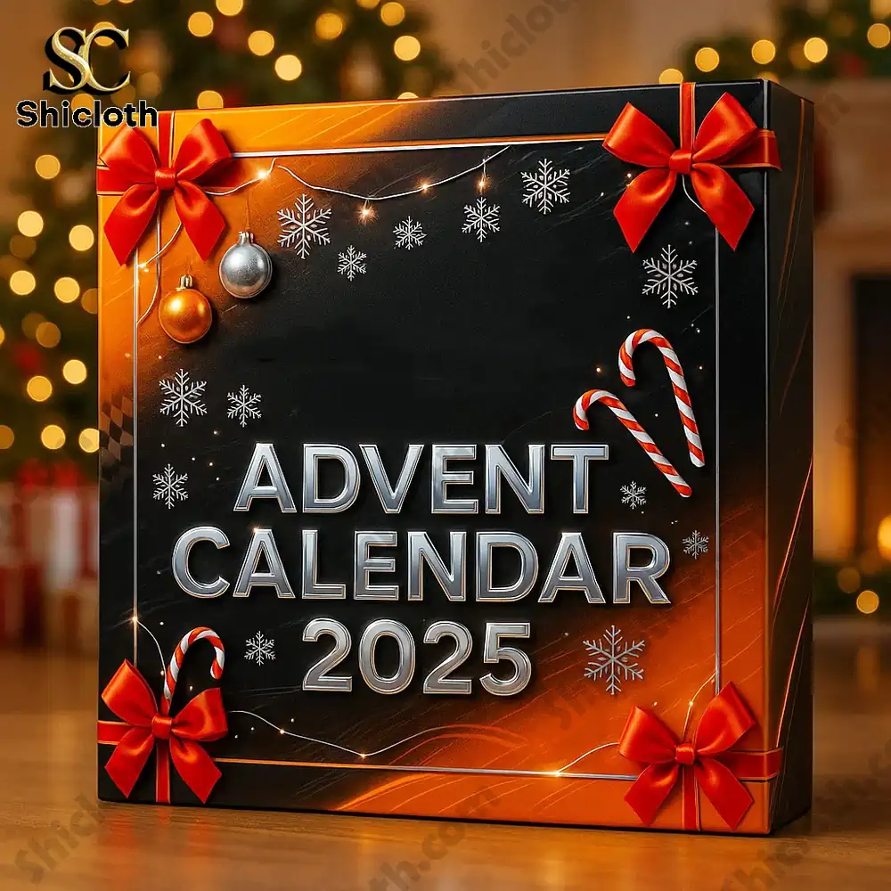 Black and orange McLaren Advent Calendar 2025 box with festive decorations.