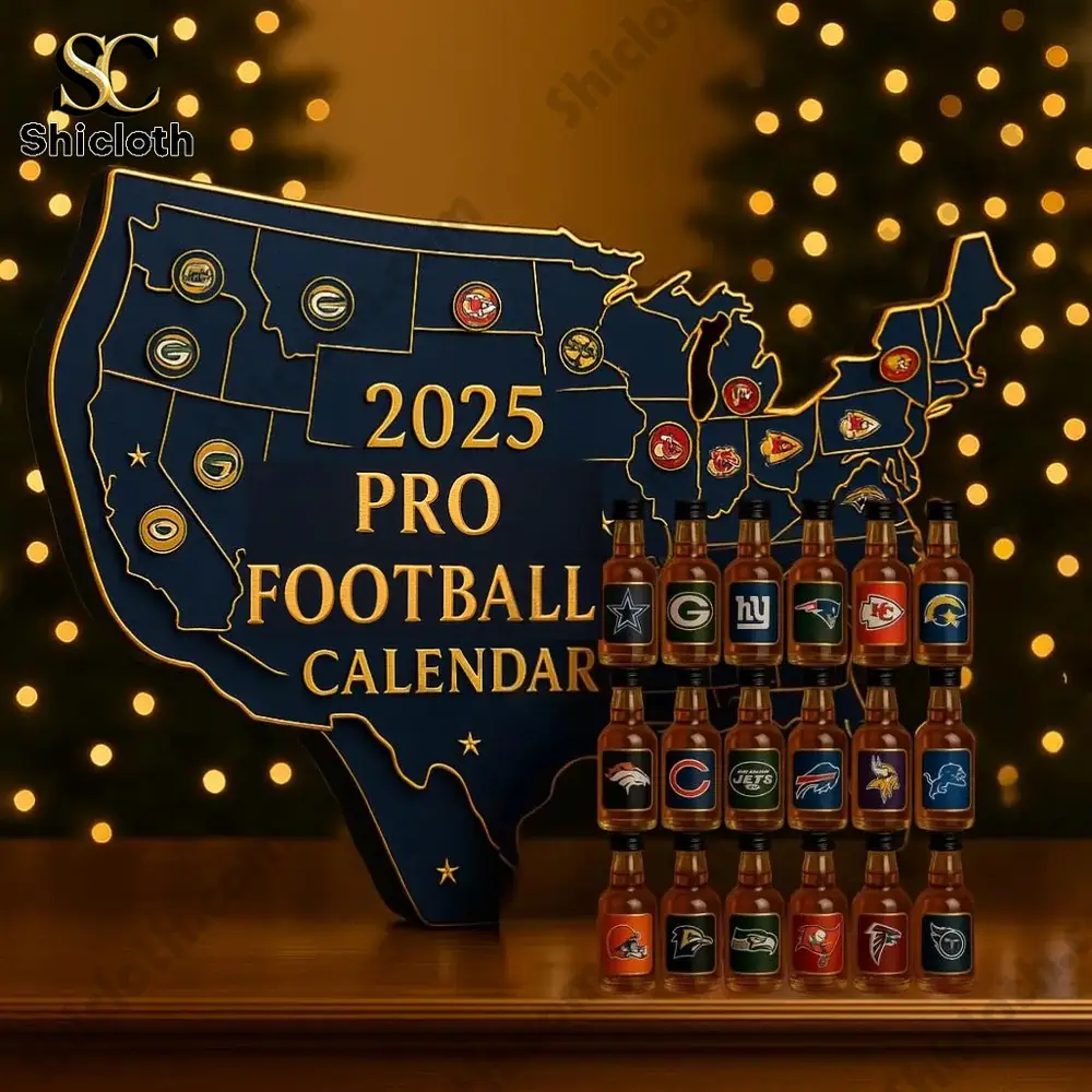 A 2025 Pro Football Calendar with team logos on bottles arranged in front of a map of the USA.