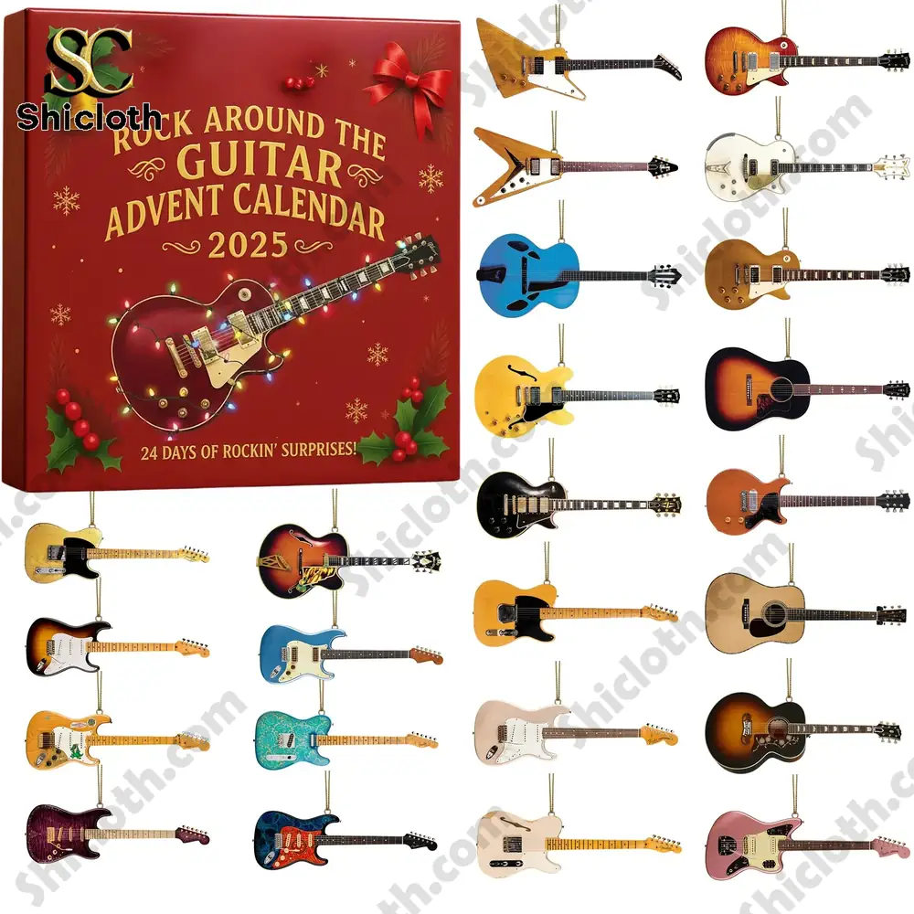 2025 Rock Around the Guitar Advent Calendar 5 Guitar advent calendar with 24 miniature guitar ornaments in various styles and colors.