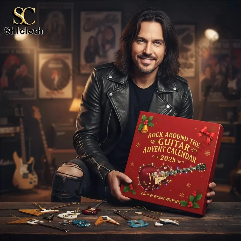 Man holding Shicloth guitar advent calendar box with miniature guitars displayed on a table.