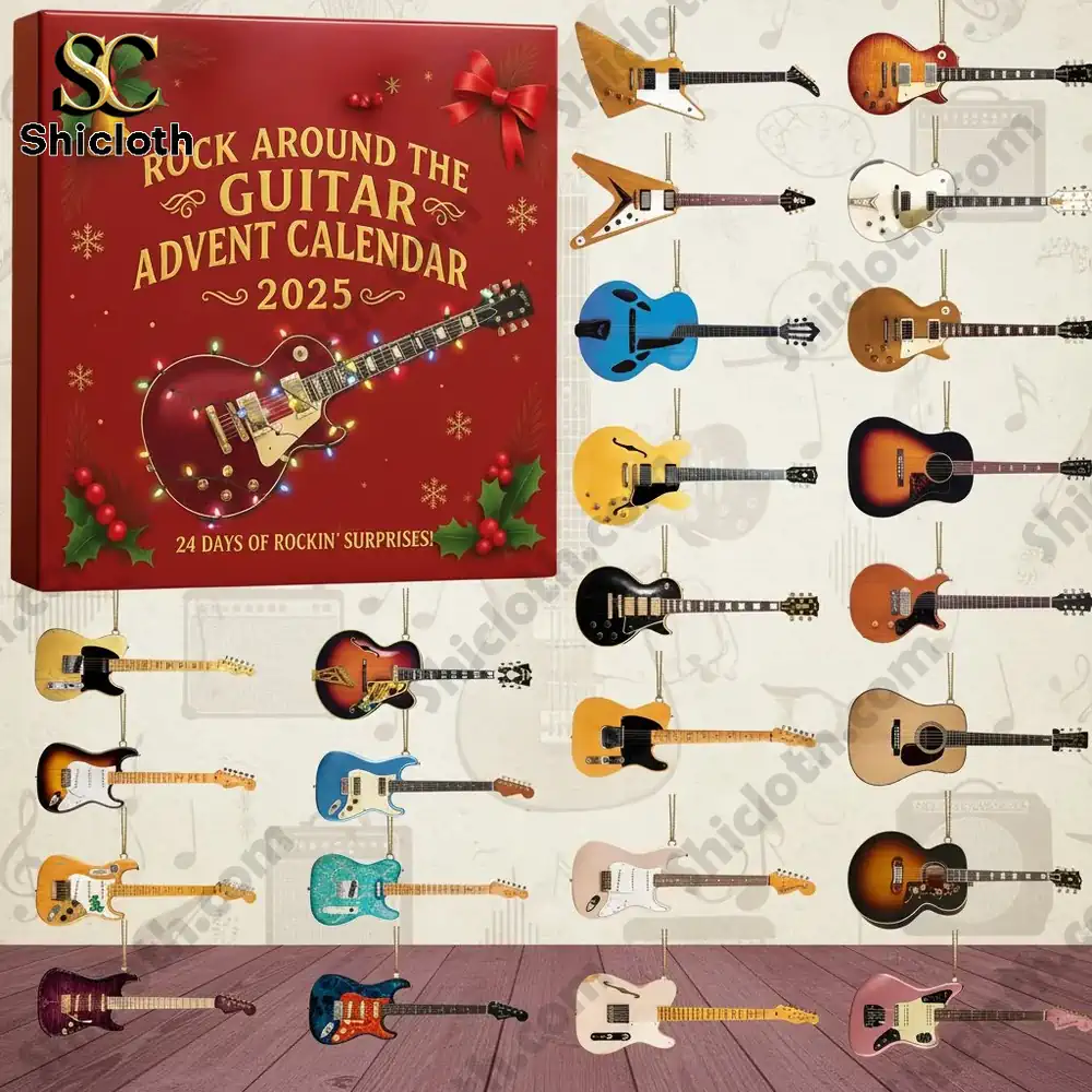2025 Rock Around the Guitar Advent Calendar 3 Shicloth guitar advent calendar with miniature guitars displayed on a wooden background.