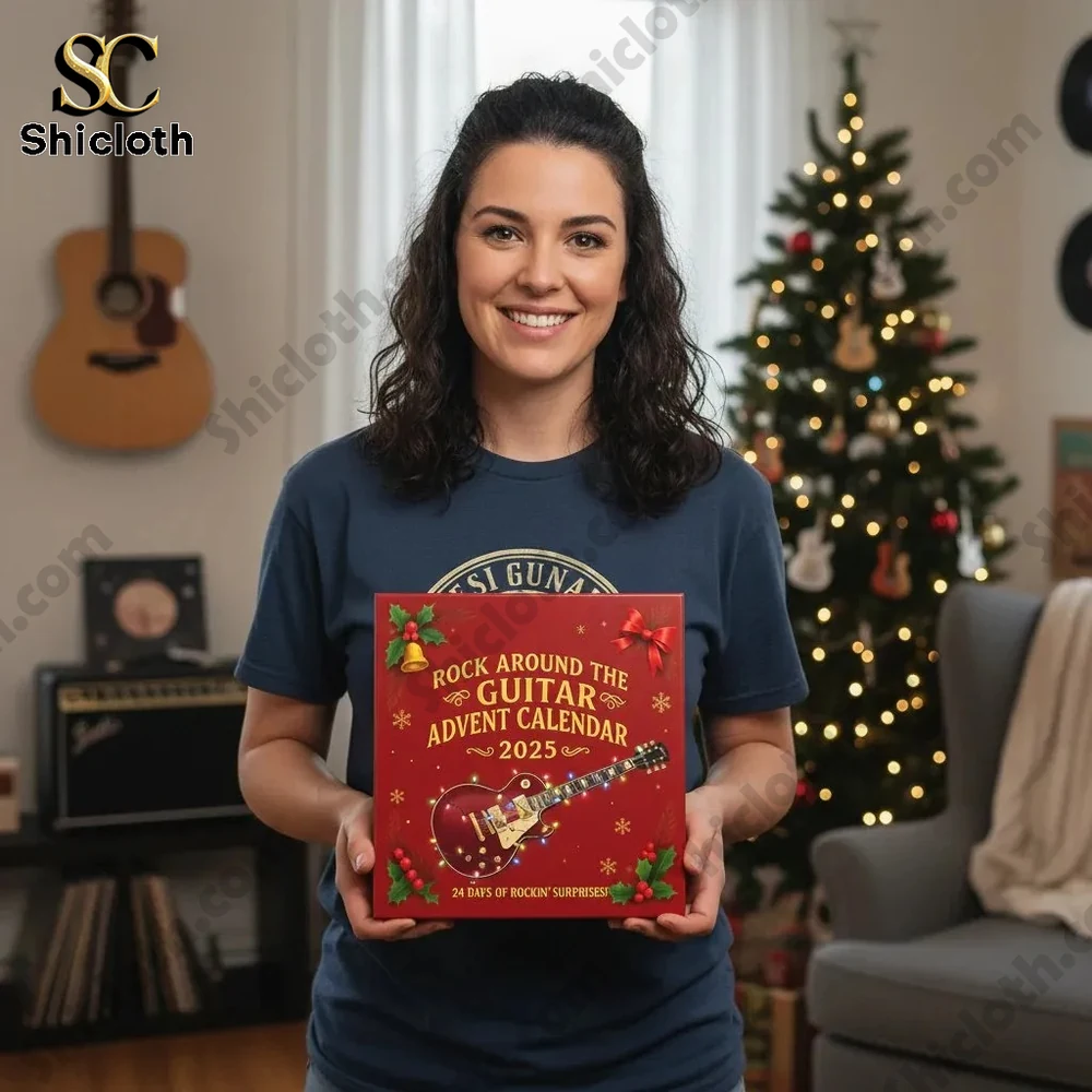 Smiling woman holding Shicloth guitar advent calendar in front of Christmas tree decorated with guitars.
