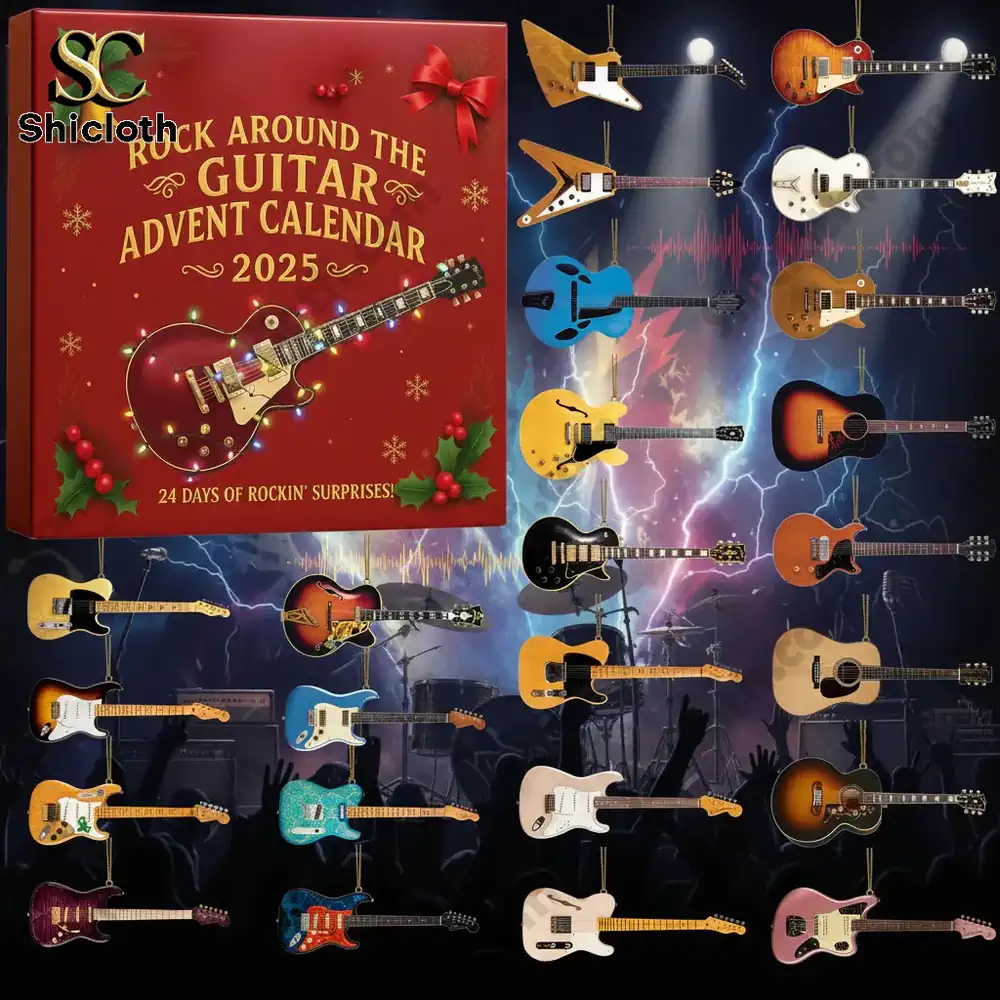 2025 Rock Around the Guitar Advent Calendar 4 Shicloth guitar advent calendar with miniature guitars displayed against a rock concert stage background.