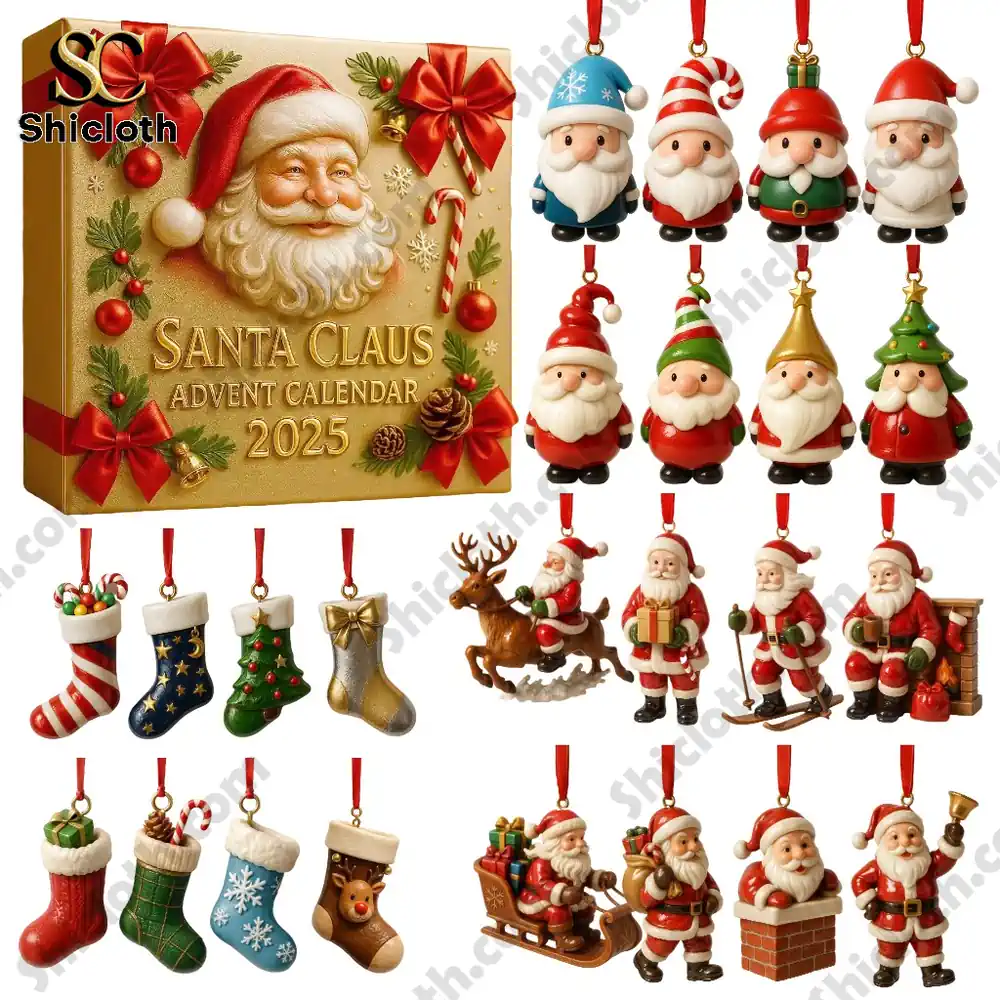 Santa Claus Advent Calendar 2025 with miniature Christmas figurines and ornaments.