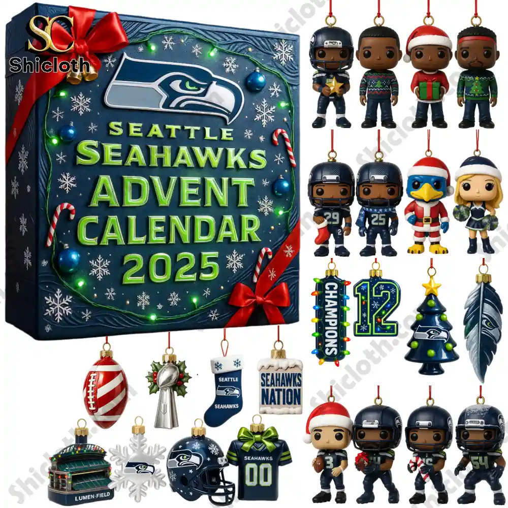 Seattle Seahawks Advent Calendar 2025 with mini ornaments and player figures.