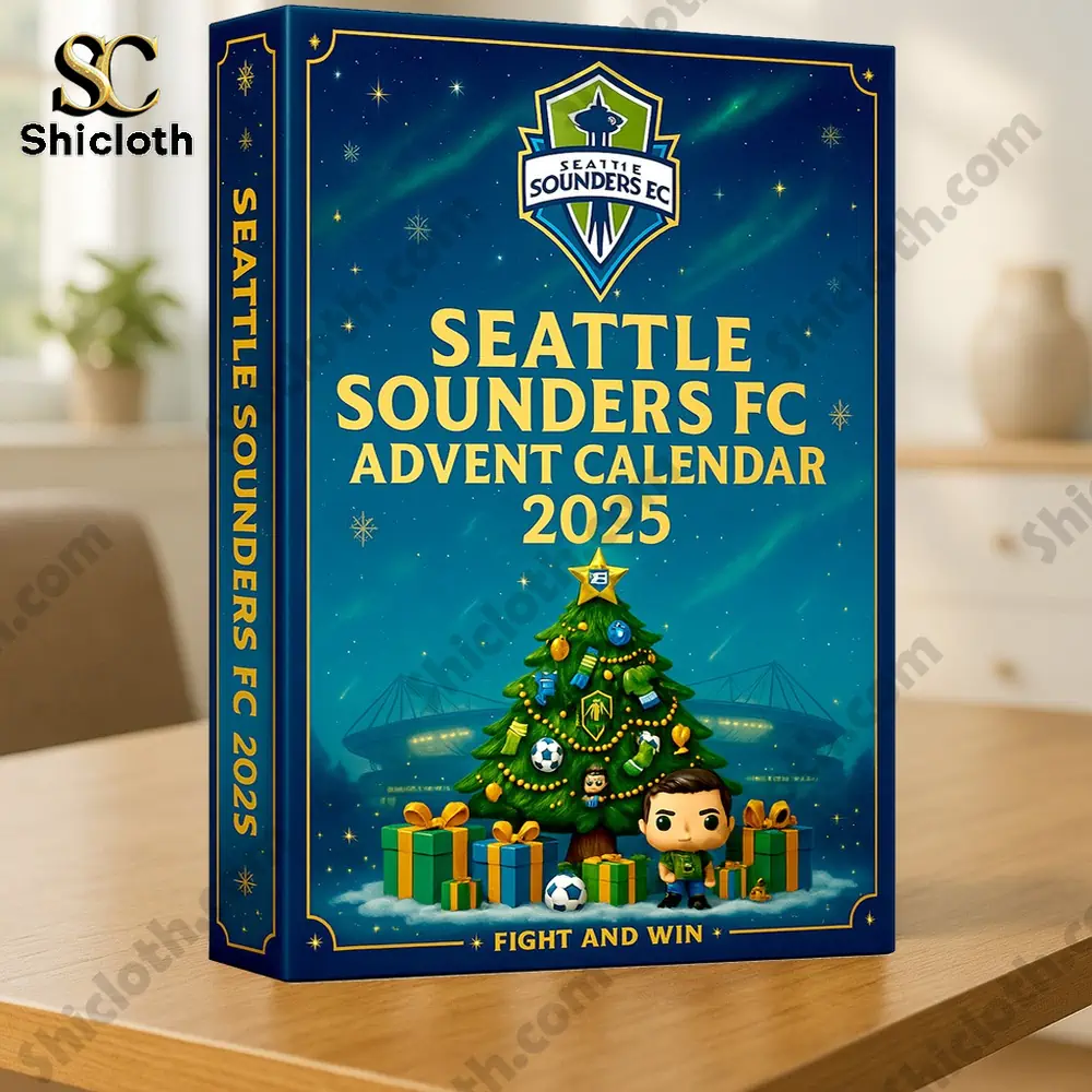Seattle Sounders FC Advent Calendar 2025 packaging featuring a Christmas tree and Sounders logo.