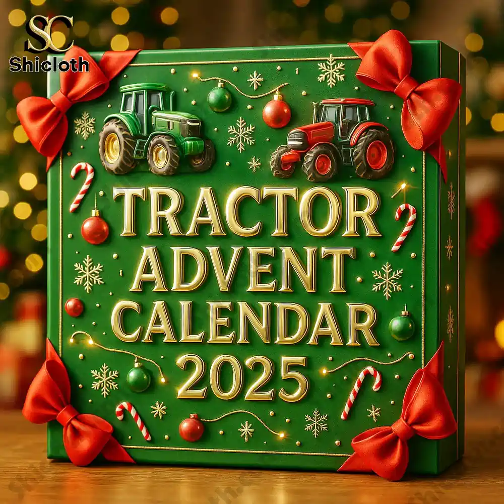Tractor advent calendar 2025 green holiday box with red bows and ornaments.